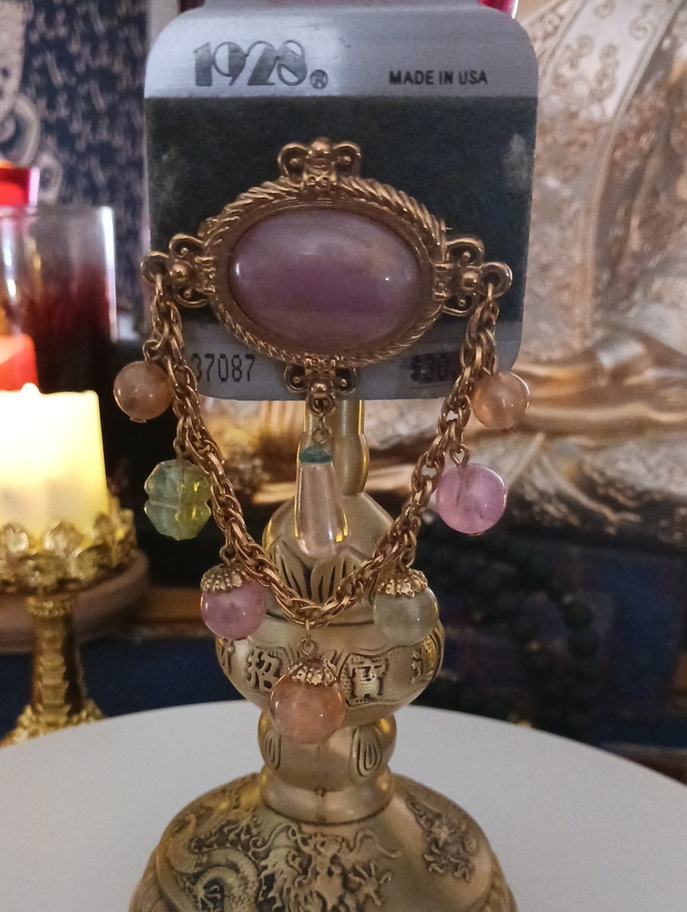 1928 Gold-Tone Brooch with Pink Cabochon and Multi-Colored Beads